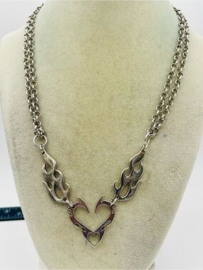 Gothic Silver-Tone Hollow Heart with Flame Necklace. 18 inch/2 inch Extender